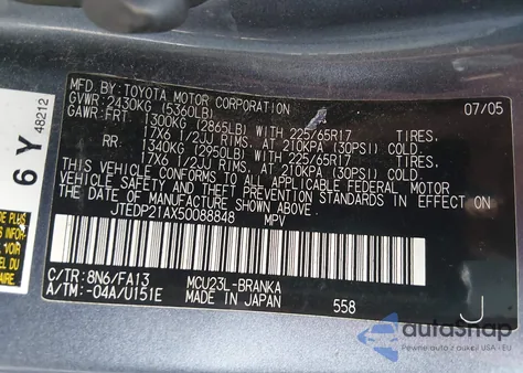 2005 Toyota Highlander Limited V6 from USA, damaged, VIN JTEDP21AX50088848